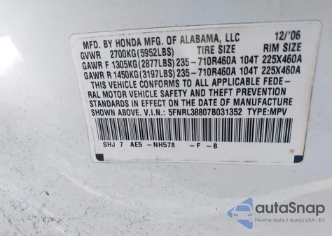 2007 Honda Odyssey Touring из США, поврежденный, VIN 5FNRL38807B031352